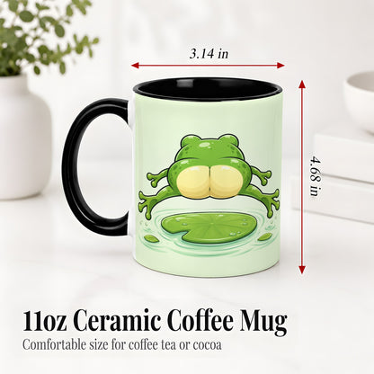 #pl[11oz|Black] Funny Frog Butt Ceramic Mug, Green Cartoon Art for Frog Lovers