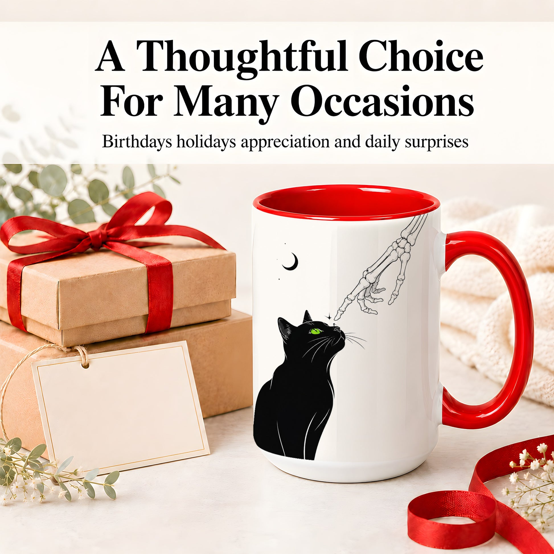 #pl[15oz|Red] Black Cat Skeleton Accent Mug, Ceramic Mug with Crescent Moon Artwork