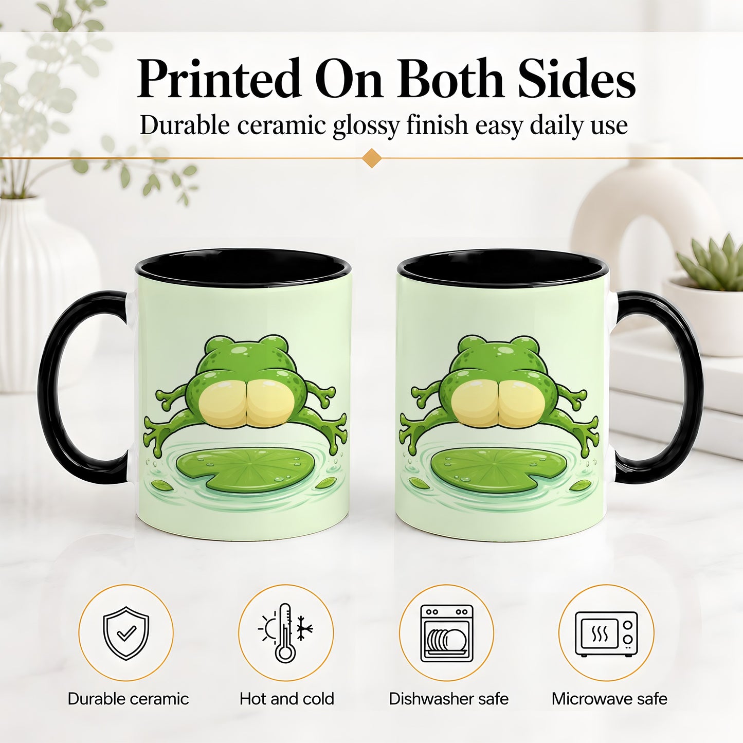 #pl[11oz|Black] Funny Frog Butt Ceramic Mug, Green Cartoon Art for Frog Lovers