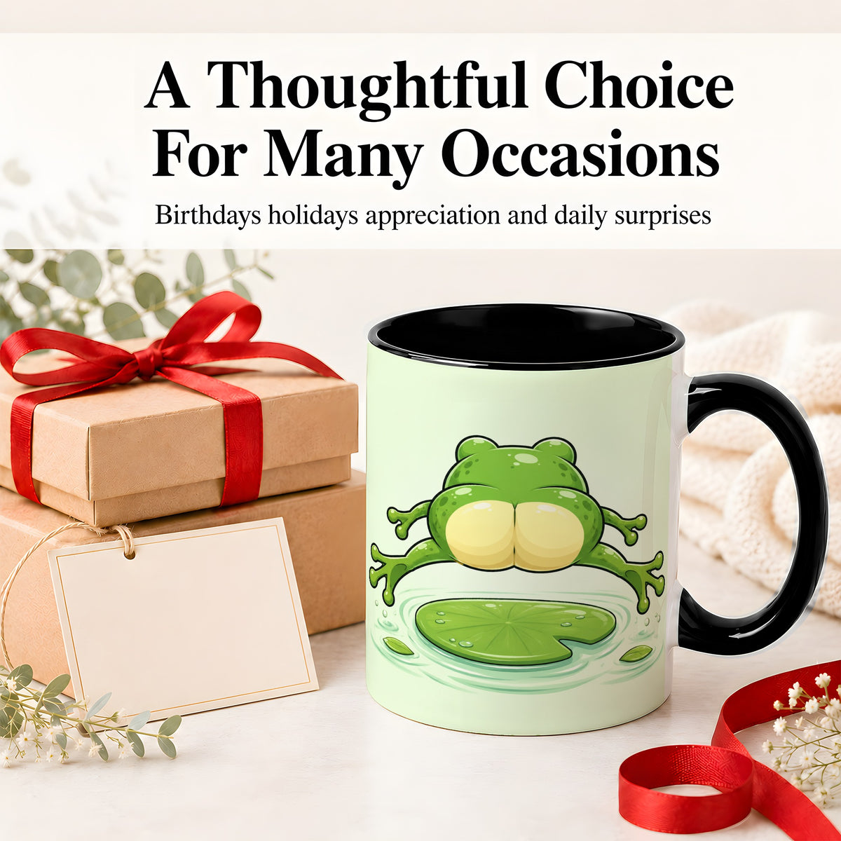 #pl[11oz|Black] Funny Frog Butt Ceramic Mug, Green Cartoon Art for Frog Lovers