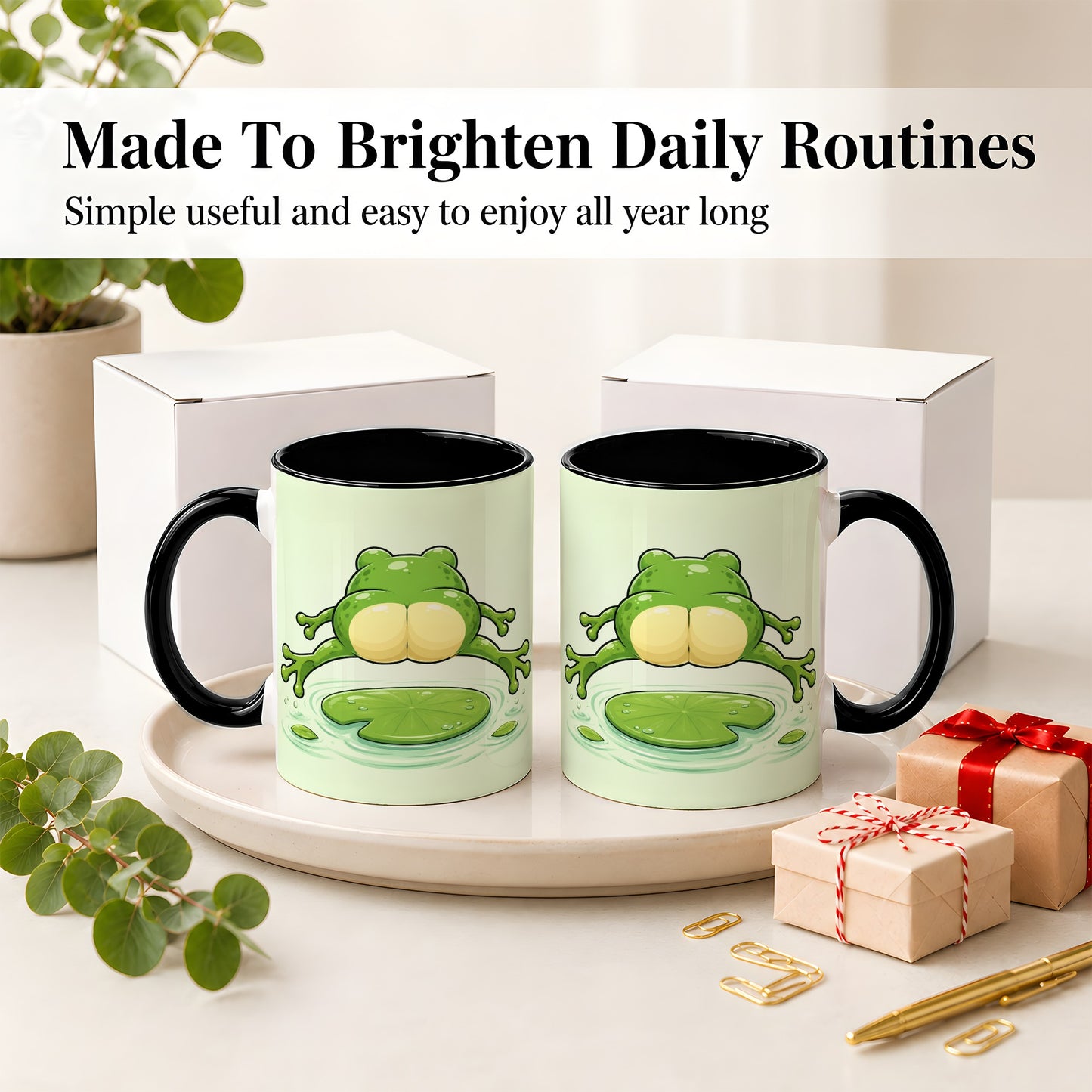 #pl[11oz|Black] Funny Frog Butt Ceramic Mug, Green Cartoon Art for Frog Lovers