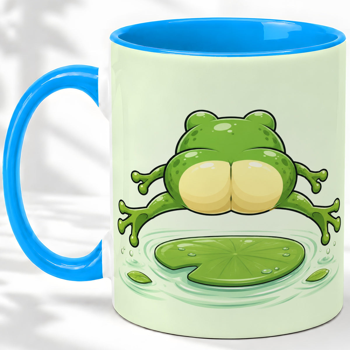 #pl[11oz|Blue] Funny Frog Butt Ceramic Mug, Green Cartoon Art for Frog Lovers