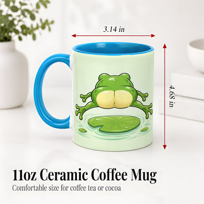 #pl[11oz|Blue] Funny Frog Butt Ceramic Mug, Green Cartoon Art for Frog Lovers