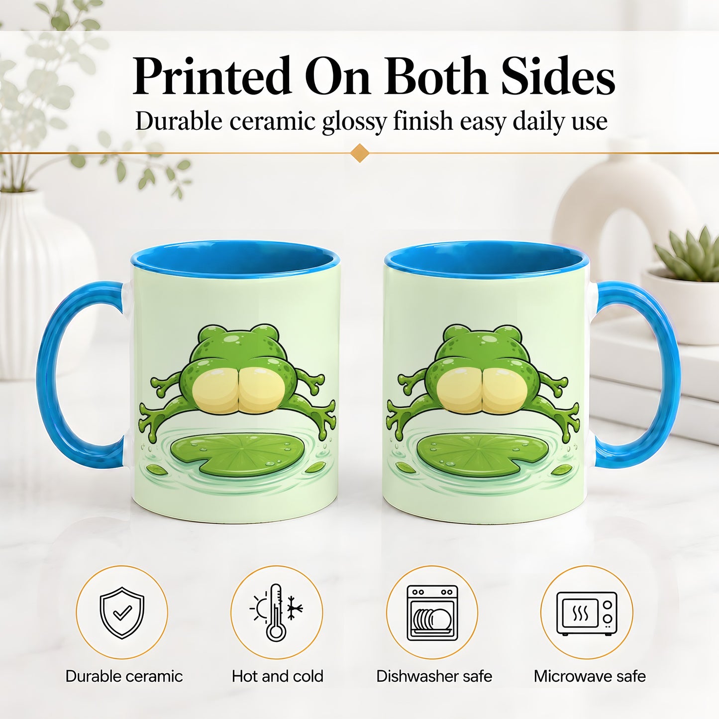 #pl[11oz|Blue] Funny Frog Butt Ceramic Mug, Green Cartoon Art for Frog Lovers
