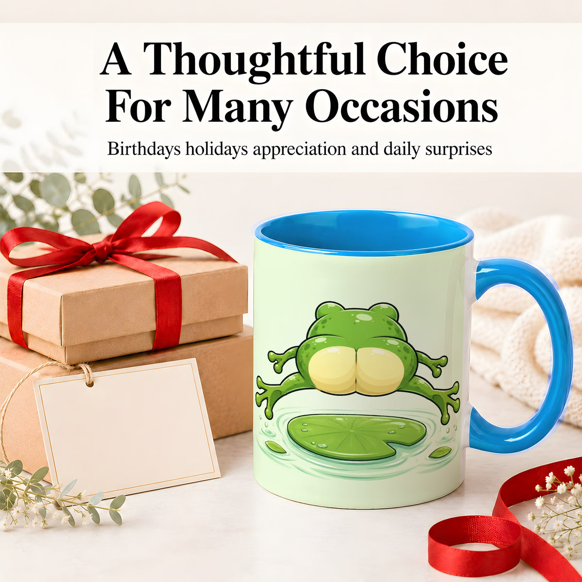#pl[11oz|Blue] Funny Frog Butt Ceramic Mug, Green Cartoon Art for Frog Lovers