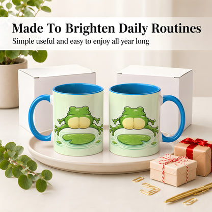 #pl[11oz|Blue] Funny Frog Butt Ceramic Mug, Green Cartoon Art for Frog Lovers