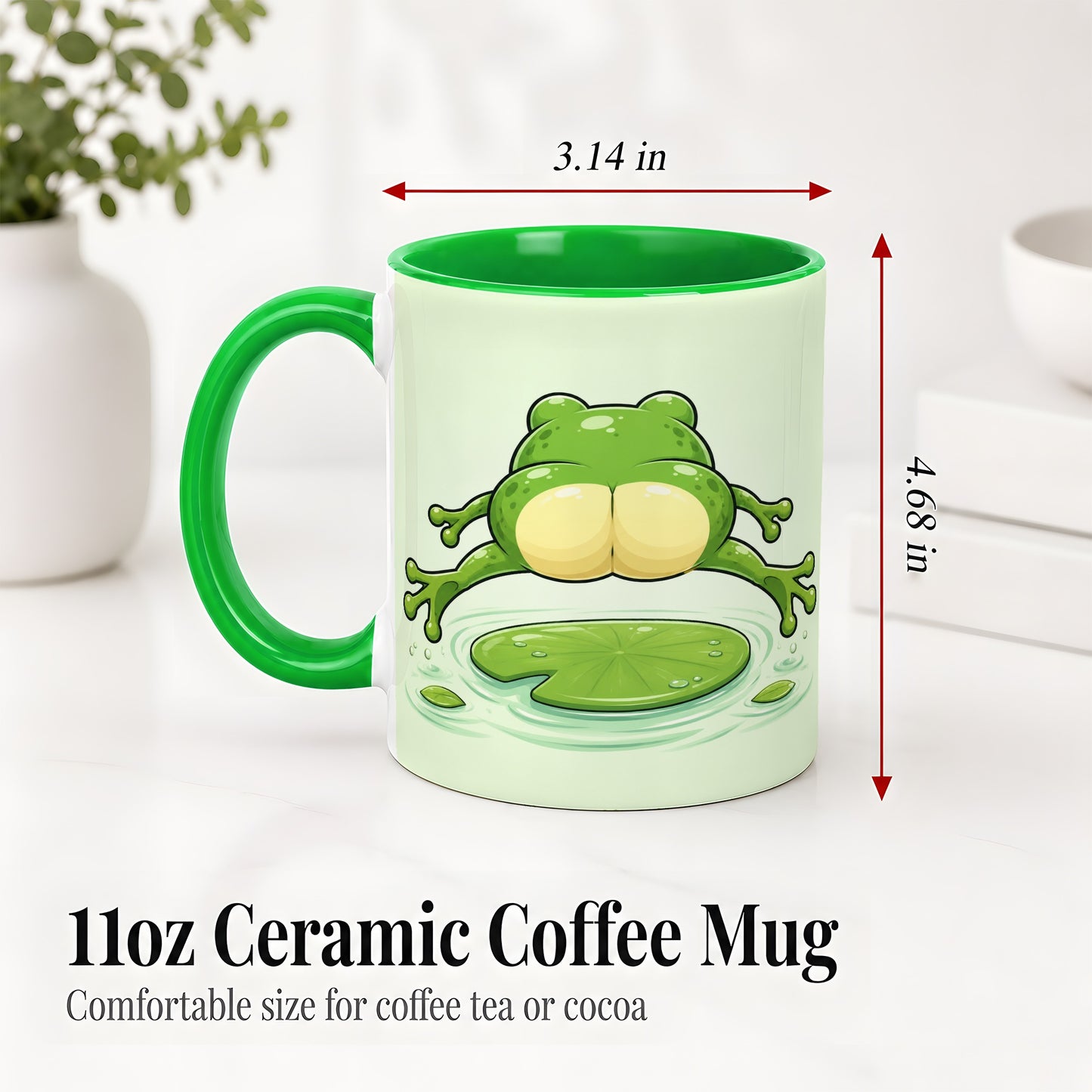 #pl[11oz|Green] Funny Frog Butt Ceramic Mug, Green Cartoon Art for Frog Lovers