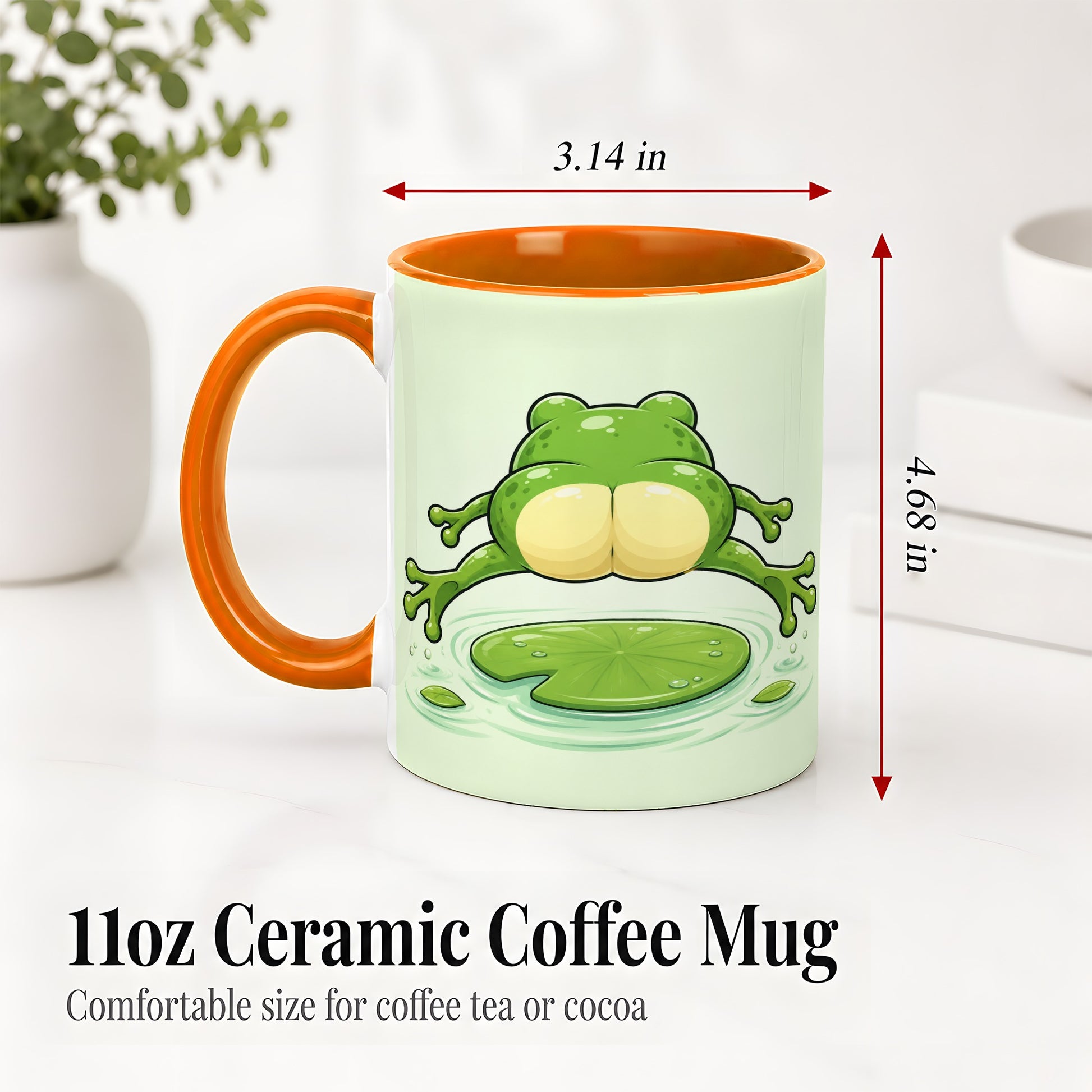 #pl[11oz|Orange] Funny Frog Butt Ceramic Mug, Green Cartoon Art for Frog Lovers