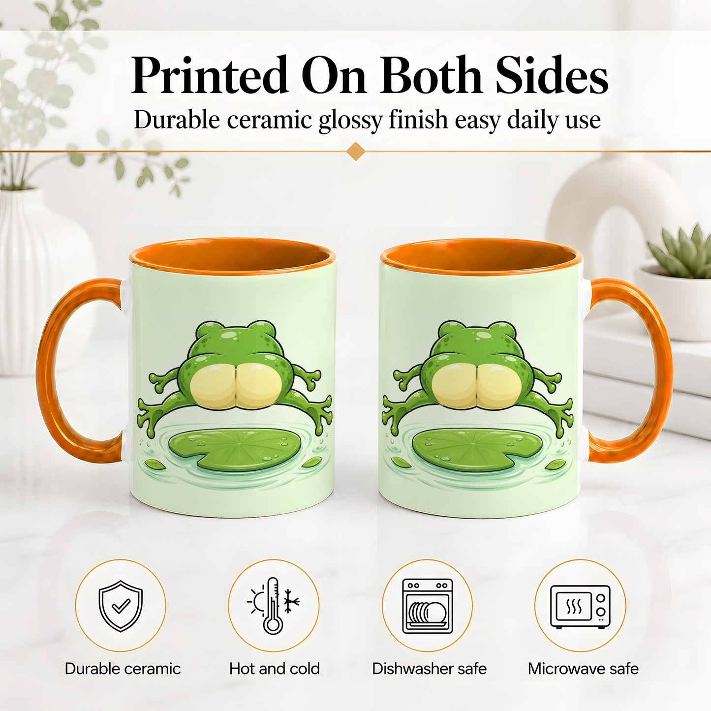 #pl[11oz|Orange] Funny Frog Butt Ceramic Mug, Green Cartoon Art for Frog Lovers