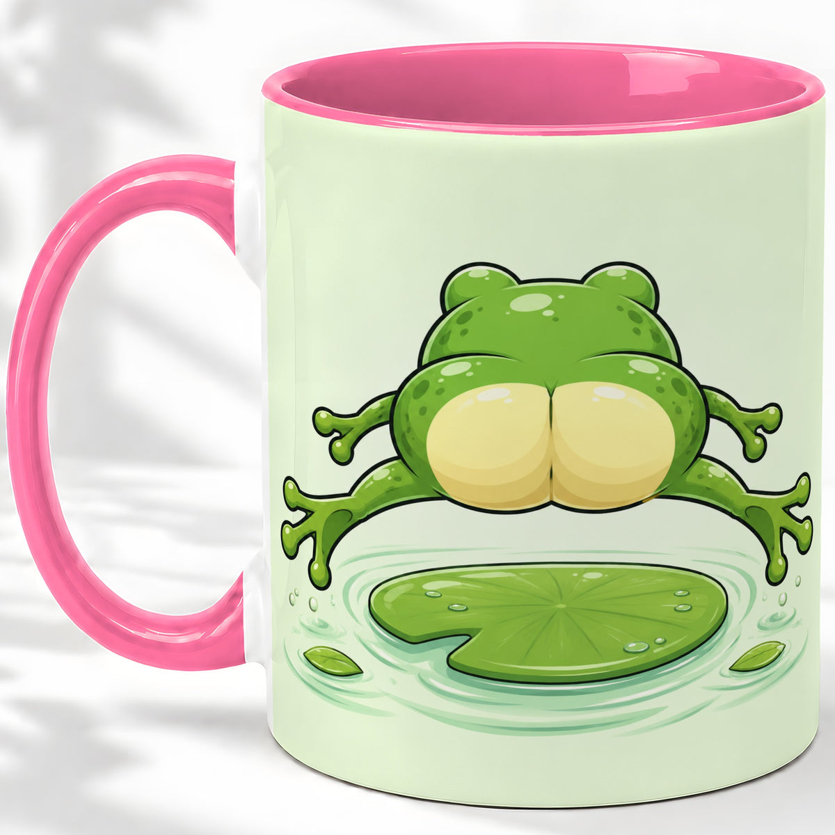 #pl[11oz|Pink] Funny Frog Butt Ceramic Mug, Green Cartoon Art for Frog Lovers