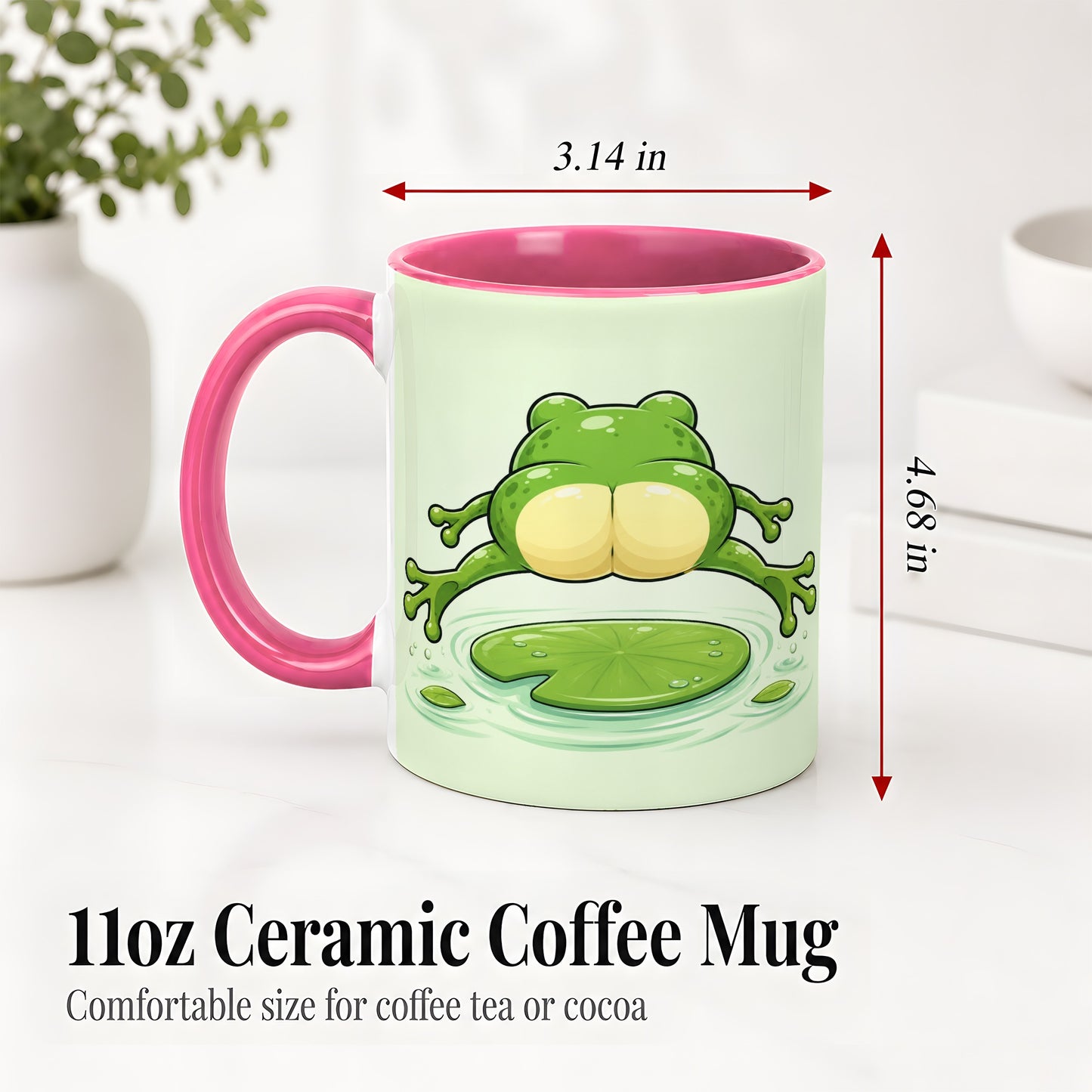 #pl[11oz|Pink] Funny Frog Butt Ceramic Mug, Green Cartoon Art for Frog Lovers