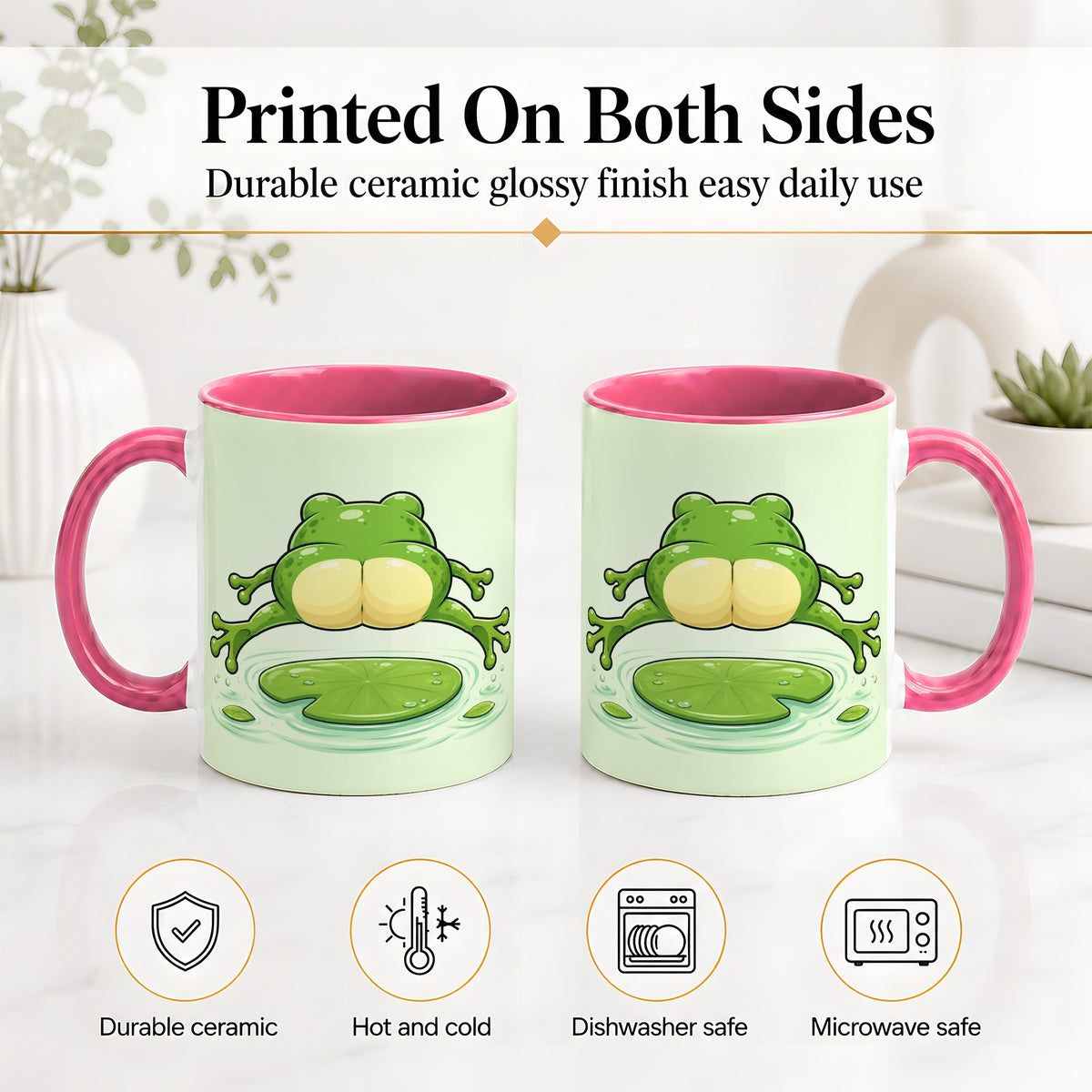 #pl[11oz|Pink] Funny Frog Butt Ceramic Mug, Green Cartoon Art for Frog Lovers
