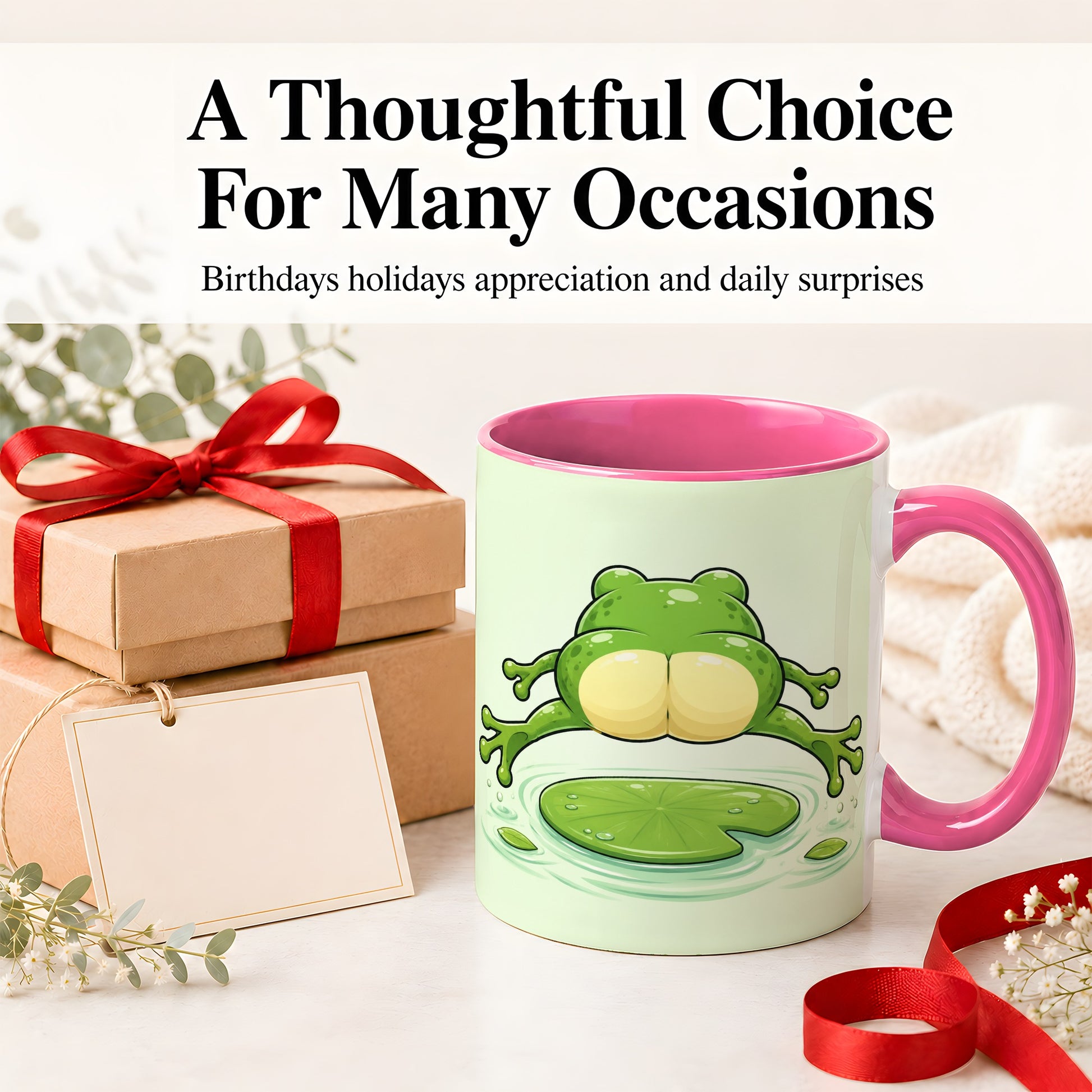 #pl[11oz|Pink] Funny Frog Butt Ceramic Mug, Green Cartoon Art for Frog Lovers