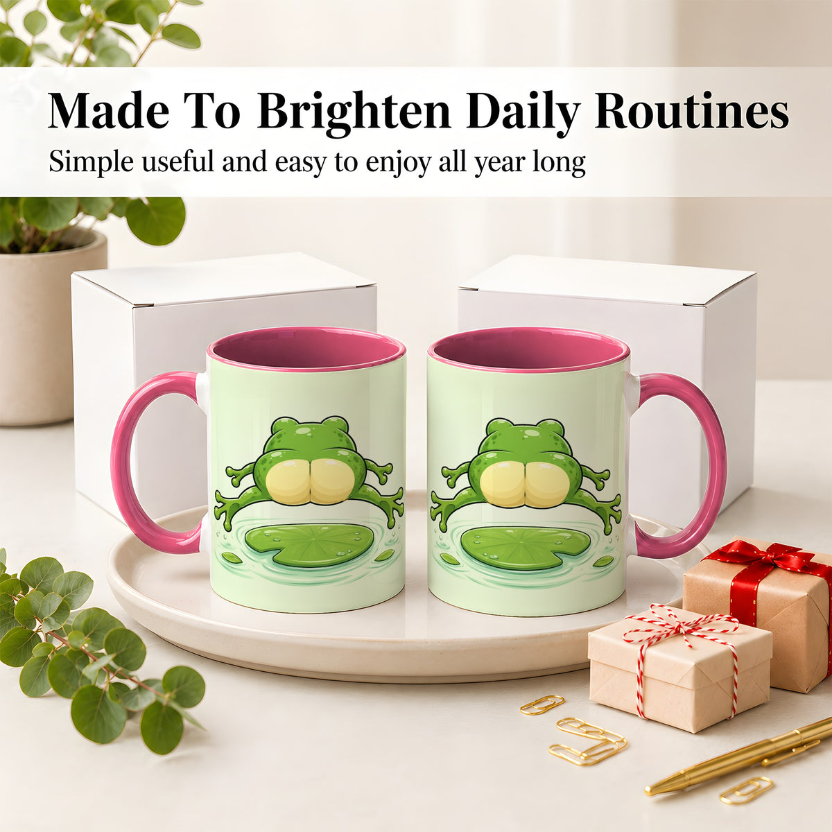 #pl[11oz|Pink] Funny Frog Butt Ceramic Mug, Green Cartoon Art for Frog Lovers