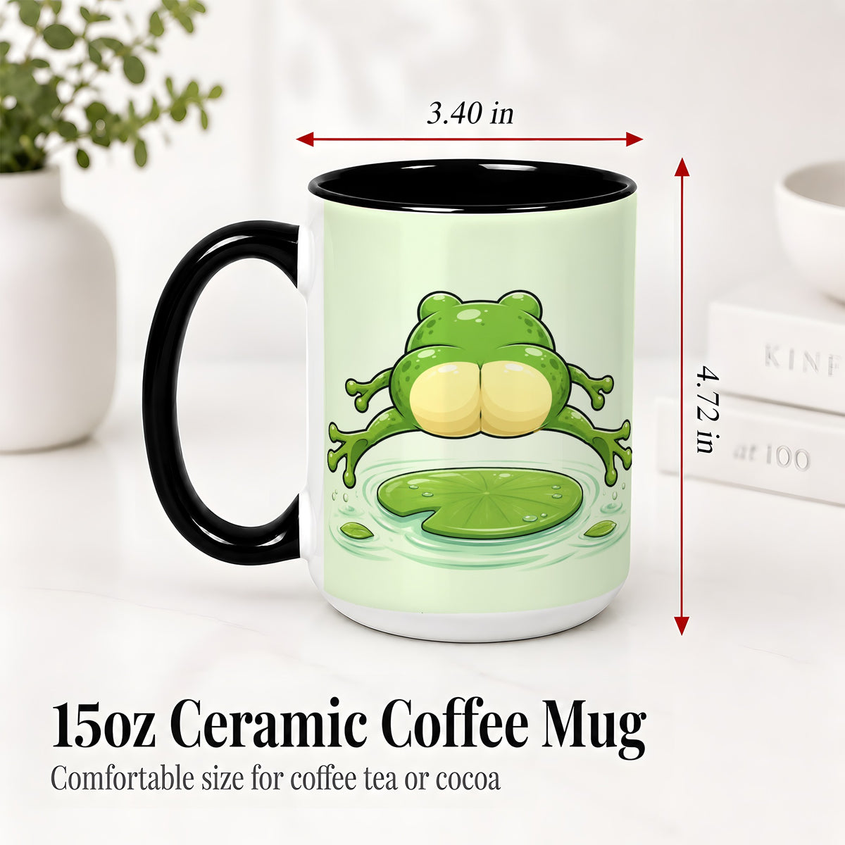 #pl[15oz|Black] Funny Frog Butt Ceramic Mug, Green Cartoon Art for Frog Lovers