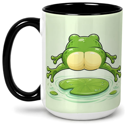 #pl[15oz|Black] Funny Frog Butt Ceramic Mug, Green Cartoon Art for Frog Lovers