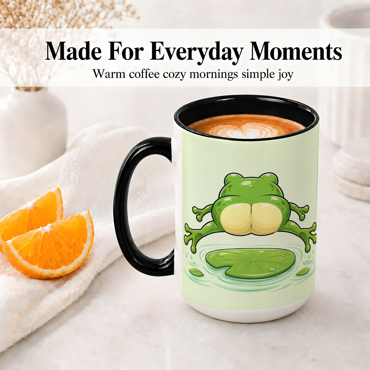 #pl[15oz|Black] Funny Frog Butt Ceramic Mug, Green Cartoon Art for Frog Lovers
