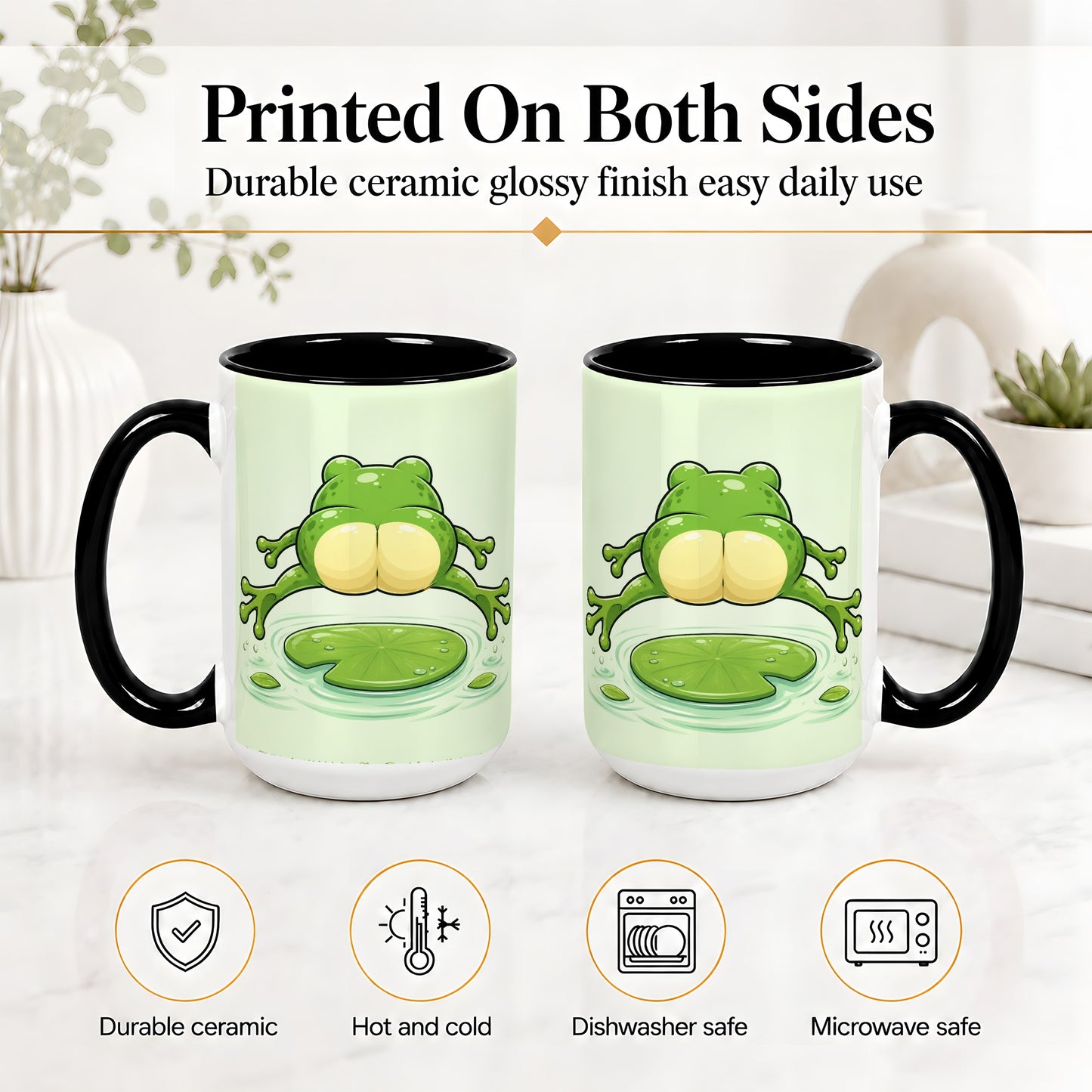 #pl[15oz|Black] Funny Frog Butt Ceramic Mug, Green Cartoon Art for Frog Lovers