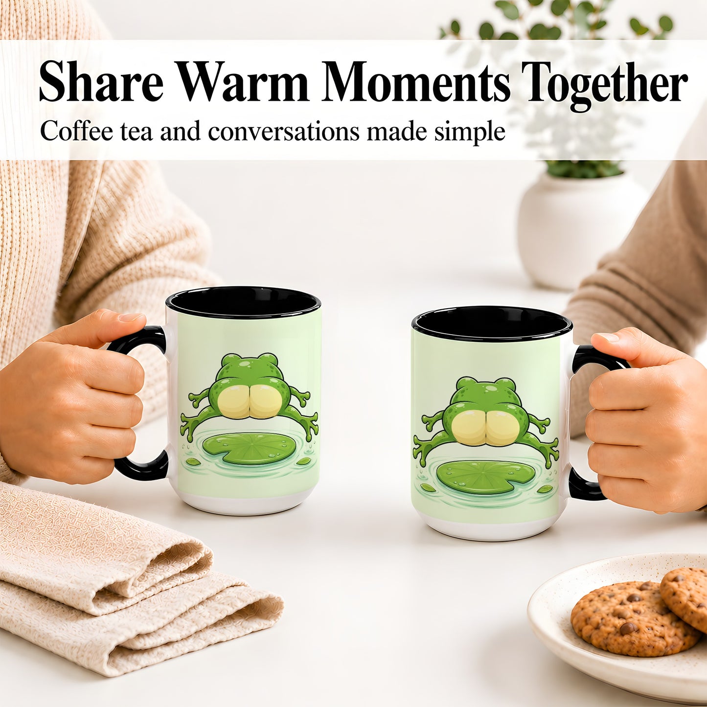 #pl[15oz|Black] Funny Frog Butt Ceramic Mug, Green Cartoon Art for Frog Lovers
