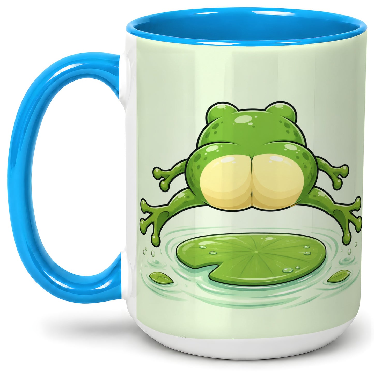 #pl[15oz|Blue] Funny Frog Butt Ceramic Mug, Green Cartoon Art for Frog Lovers