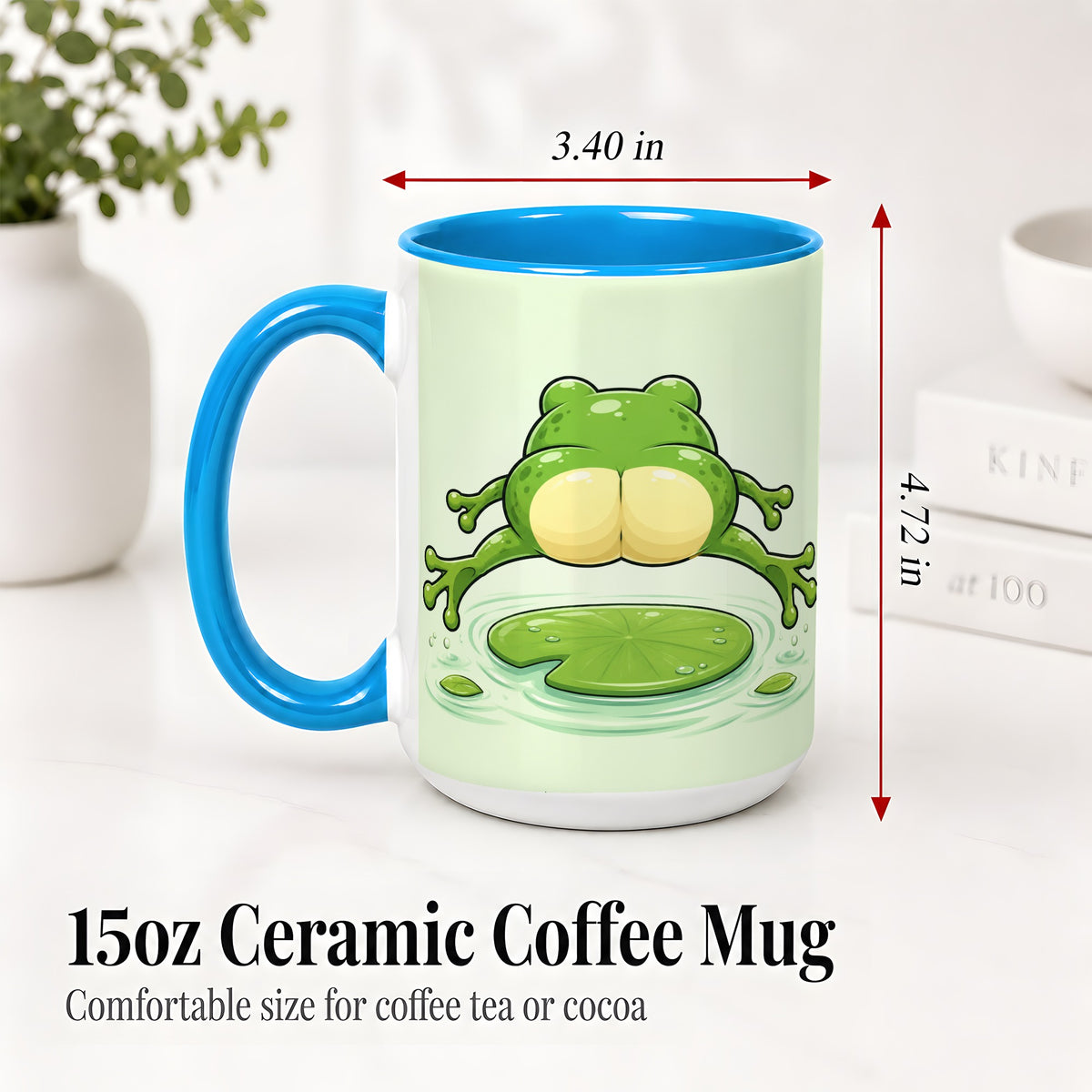 #pl[15oz|Blue] Funny Frog Butt Ceramic Mug, Green Cartoon Art for Frog Lovers