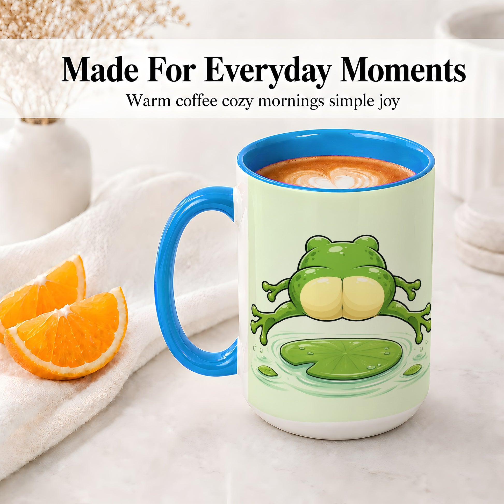 #pl[15oz|Blue] Funny Frog Butt Ceramic Mug, Green Cartoon Art for Frog Lovers