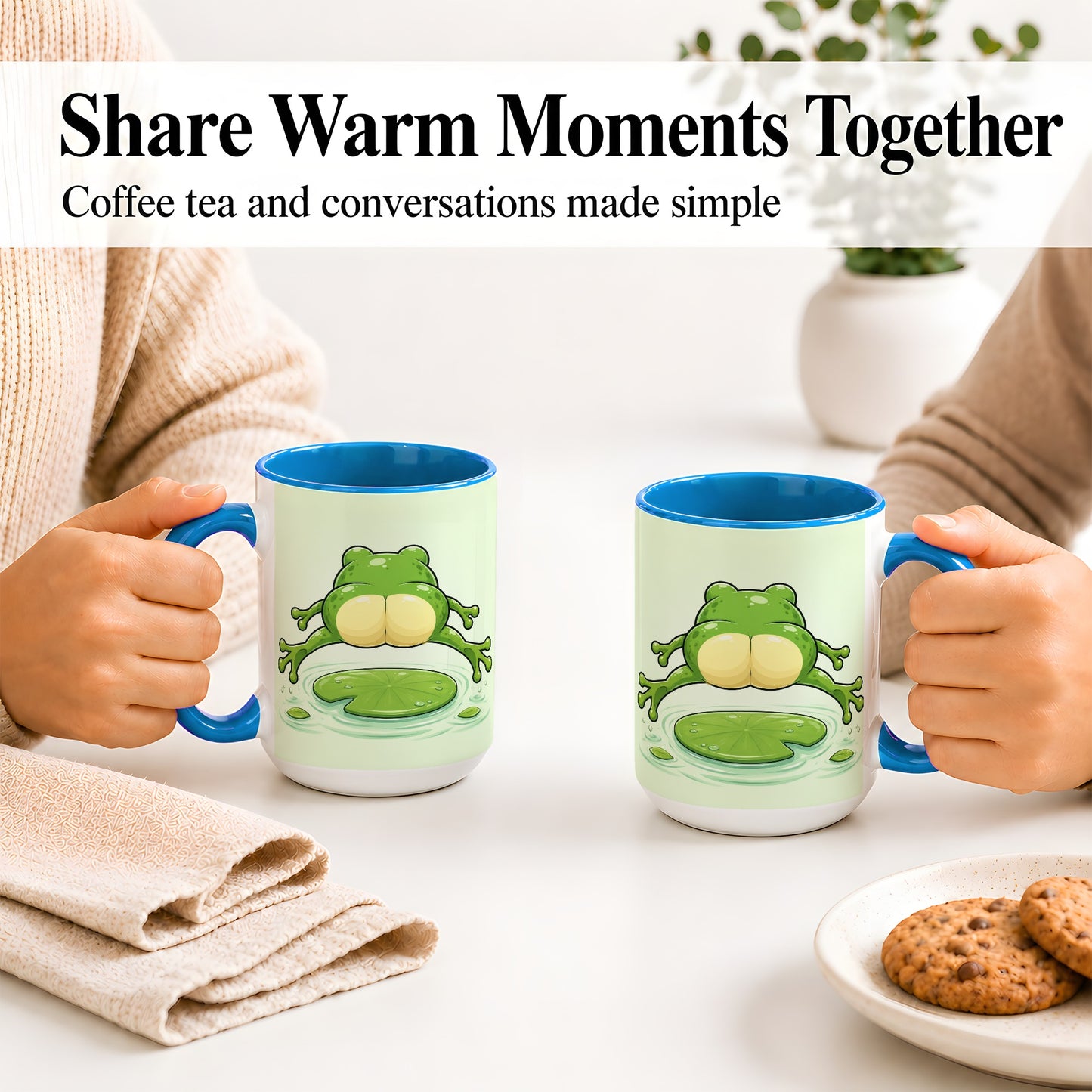 #pl[15oz|Blue] Funny Frog Butt Ceramic Mug, Green Cartoon Art for Frog Lovers