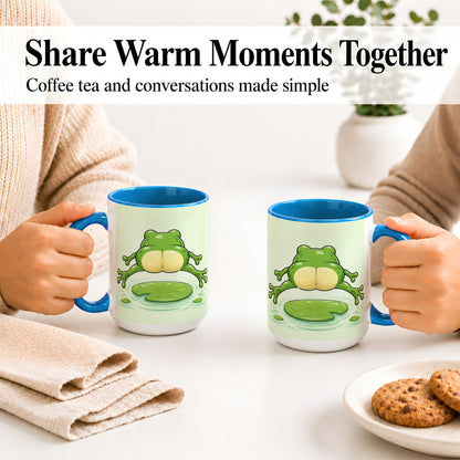 #pl[15oz|Blue] Funny Frog Butt Ceramic Mug, Green Cartoon Art for Frog Lovers