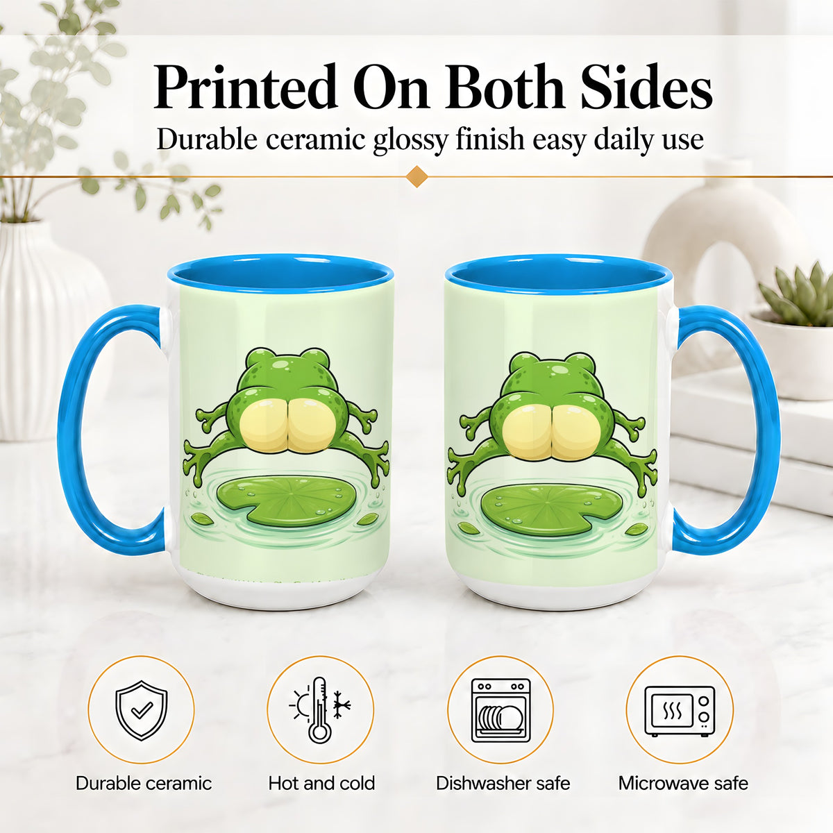 #pl[15oz|Blue] Funny Frog Butt Ceramic Mug, Green Cartoon Art for Frog Lovers