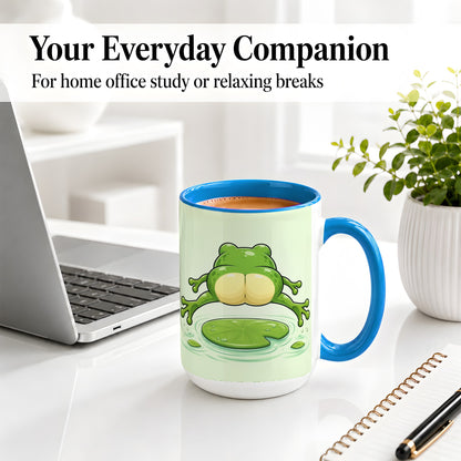 #pl[15oz|Blue] Funny Frog Butt Ceramic Mug, Green Cartoon Art for Frog Lovers