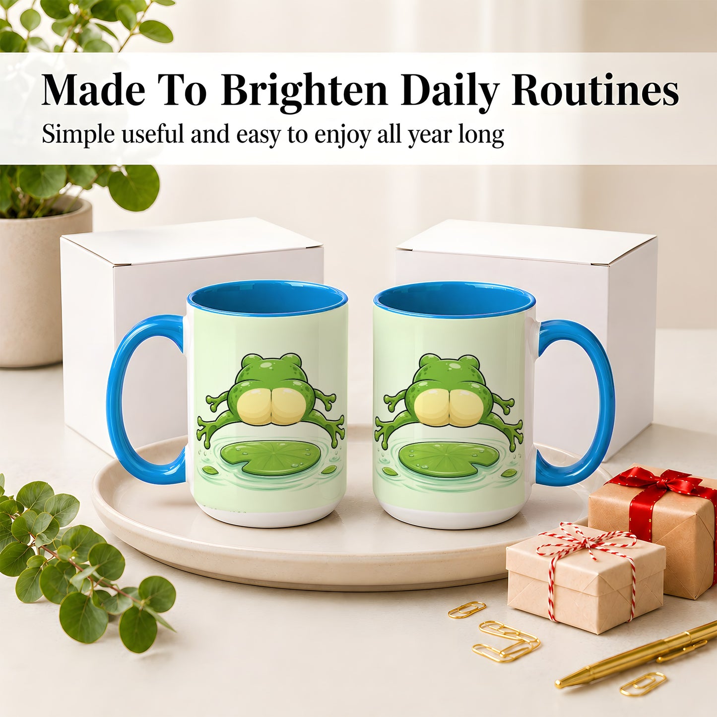 #pl[15oz|Blue] Funny Frog Butt Ceramic Mug, Green Cartoon Art for Frog Lovers
