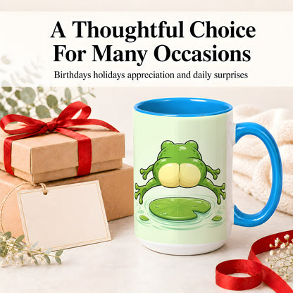 #pl[15oz|Blue] Funny Frog Butt Ceramic Mug, Green Cartoon Art for Frog Lovers