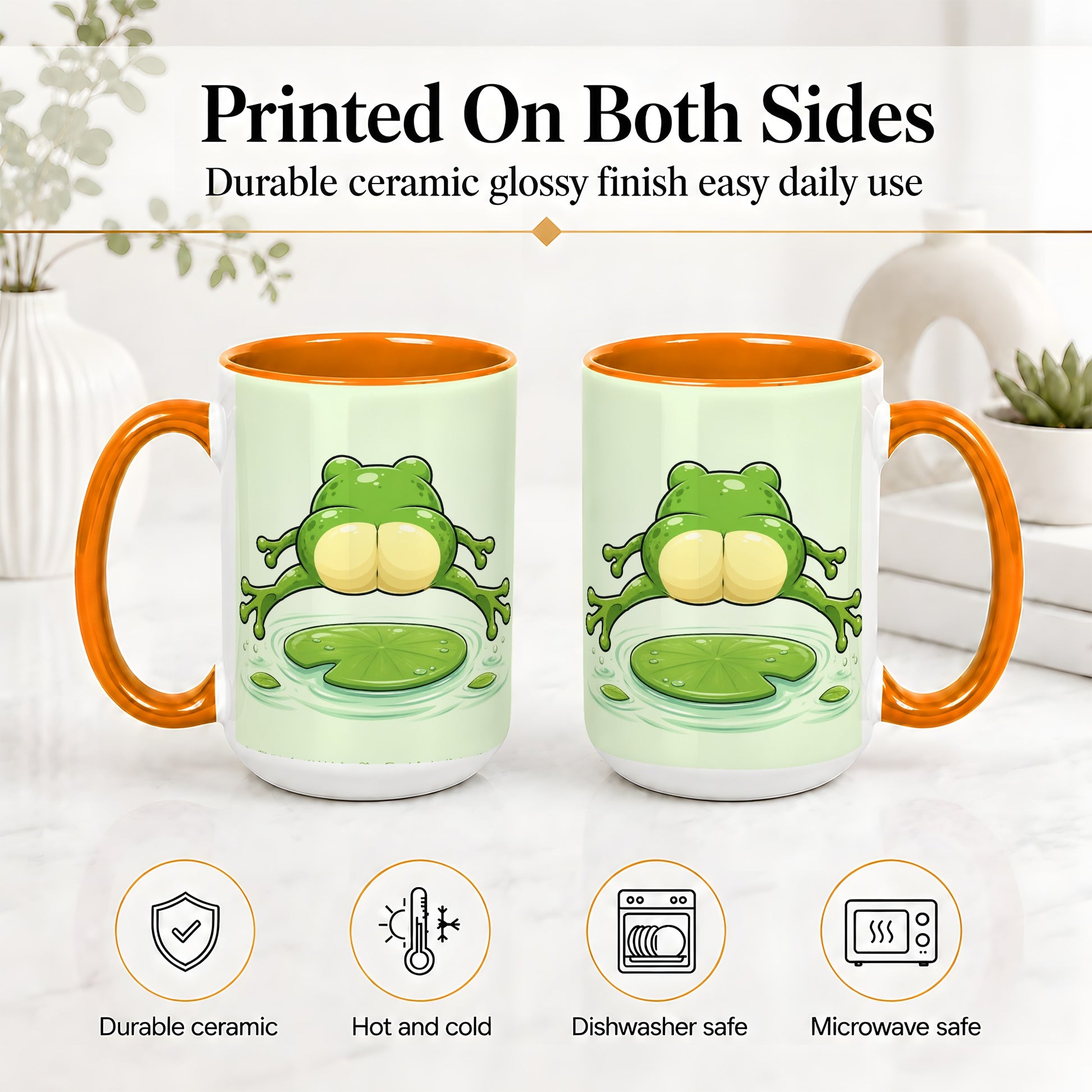 #pl[15oz|Orange] Funny Frog Butt Ceramic Mug, Green Cartoon Art for Frog Lovers
