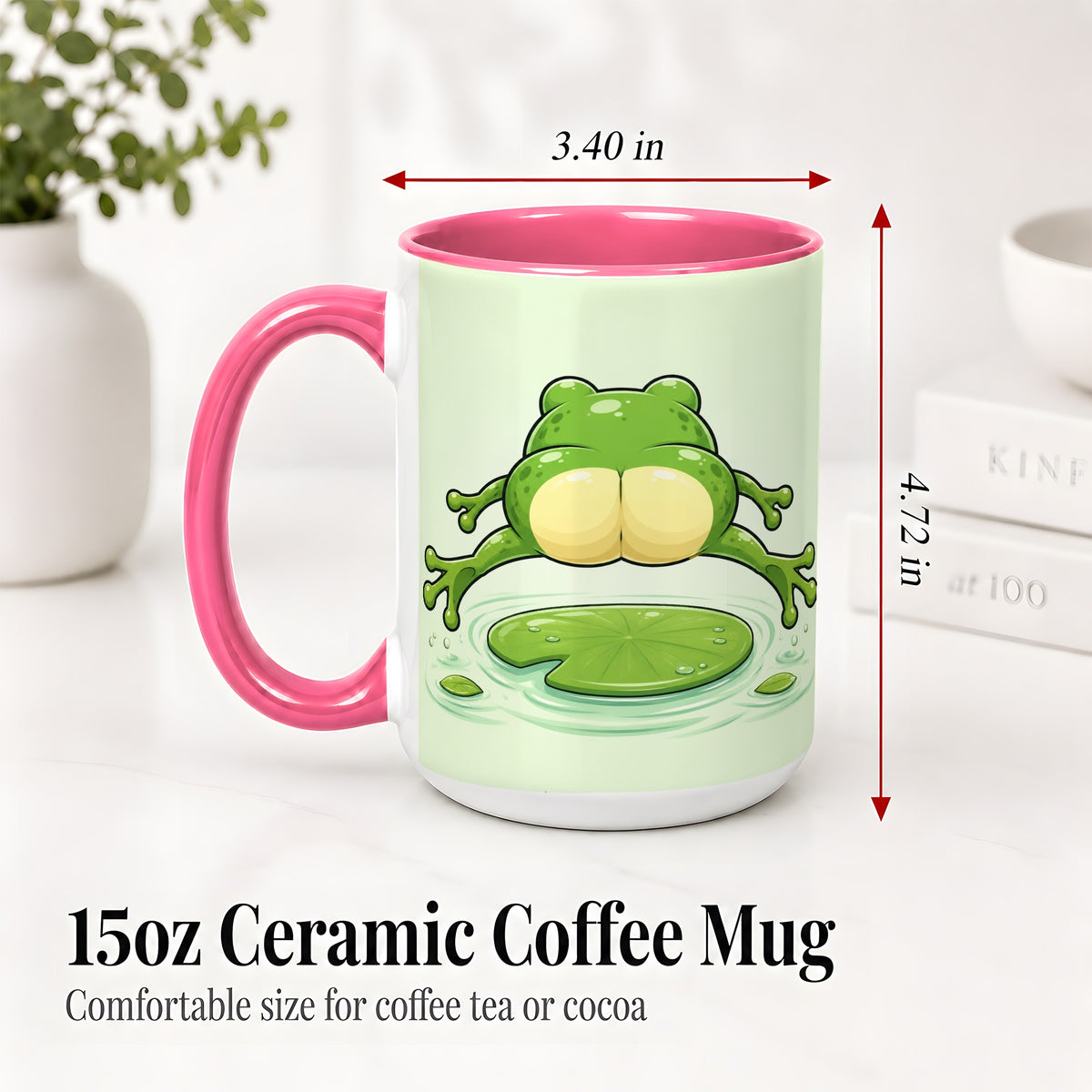 #pl[15oz|Pink] Funny Frog Butt Ceramic Mug, Green Cartoon Art for Frog Lovers