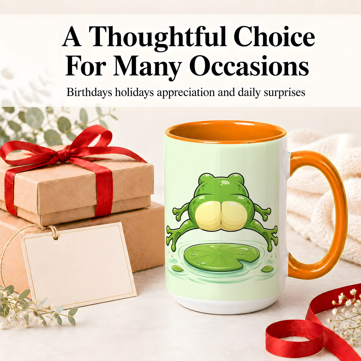 #pl[15oz|Orange] Funny Frog Butt Ceramic Mug, Green Cartoon Art for Frog Lovers
