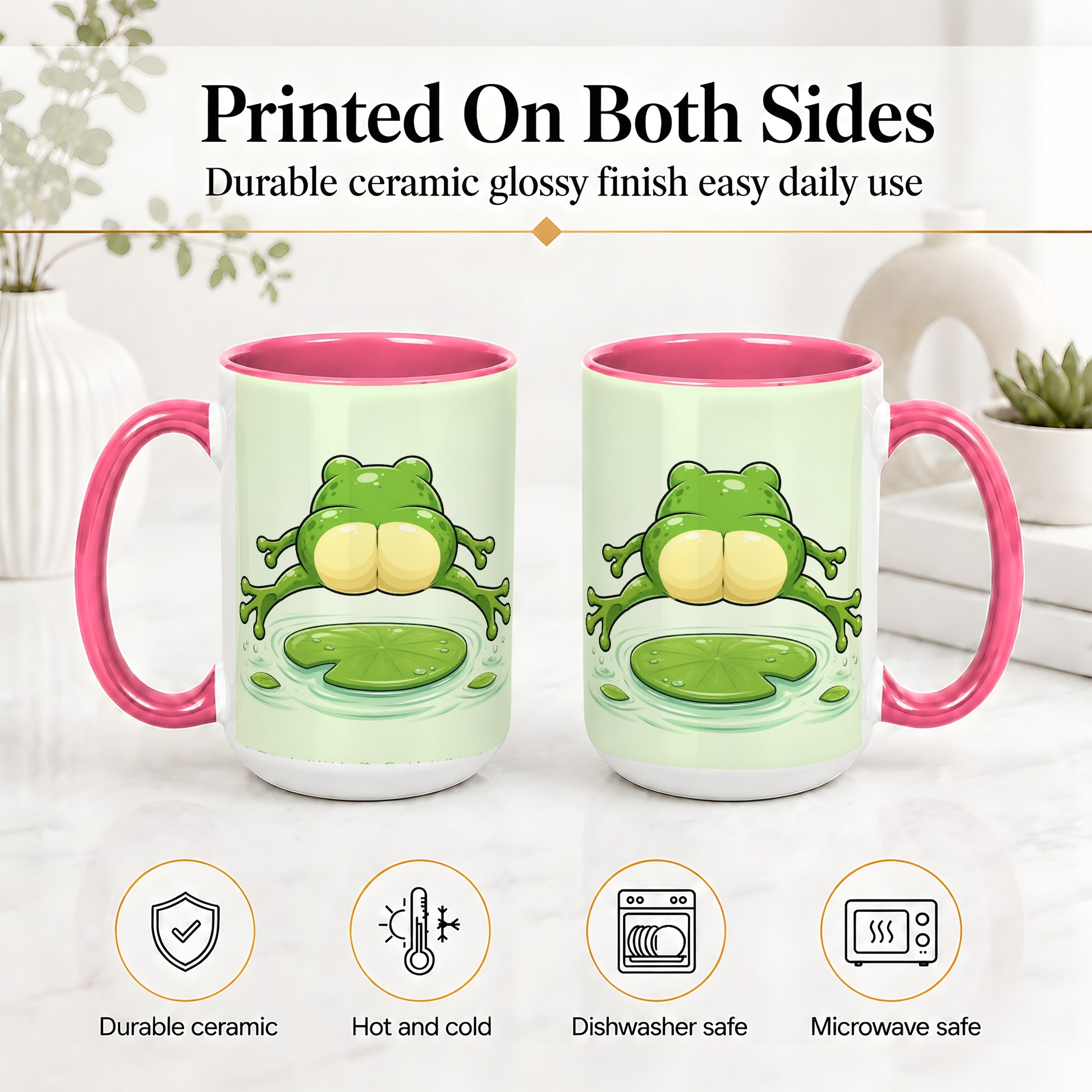 #pl[15oz|Pink] Funny Frog Butt Ceramic Mug, Green Cartoon Art for Frog Lovers