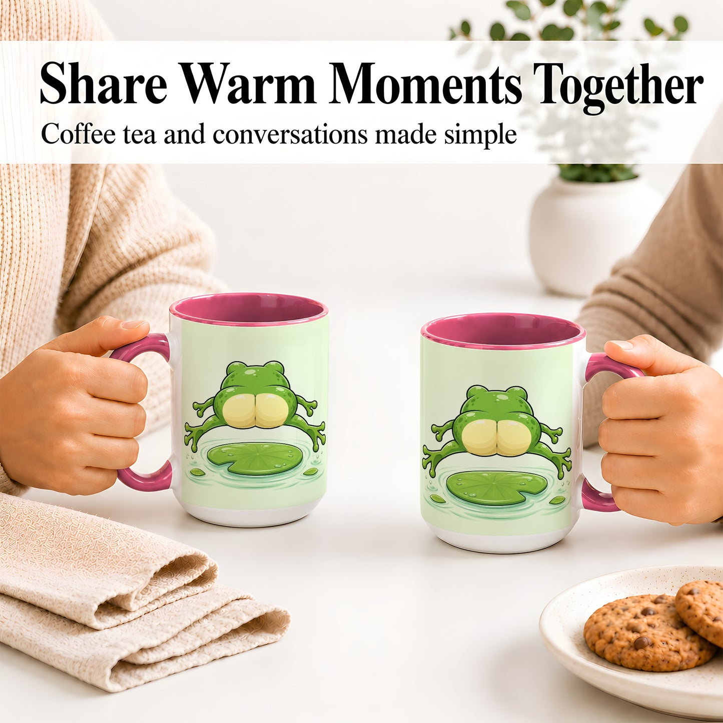 #pl[15oz|Pink] Funny Frog Butt Ceramic Mug, Green Cartoon Art for Frog Lovers