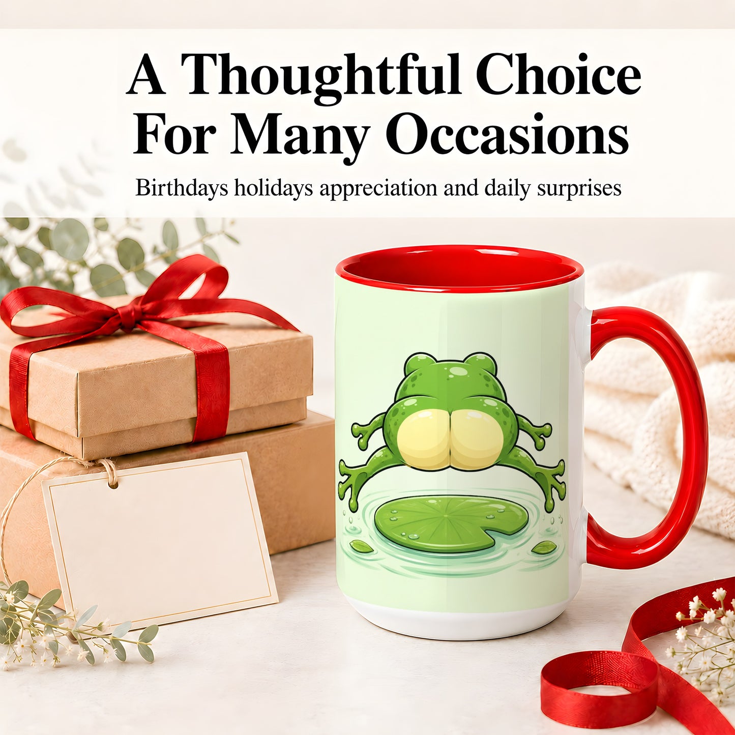#pl[15oz|Red] Funny Frog Butt Ceramic Mug, Green Cartoon Art for Frog Lovers