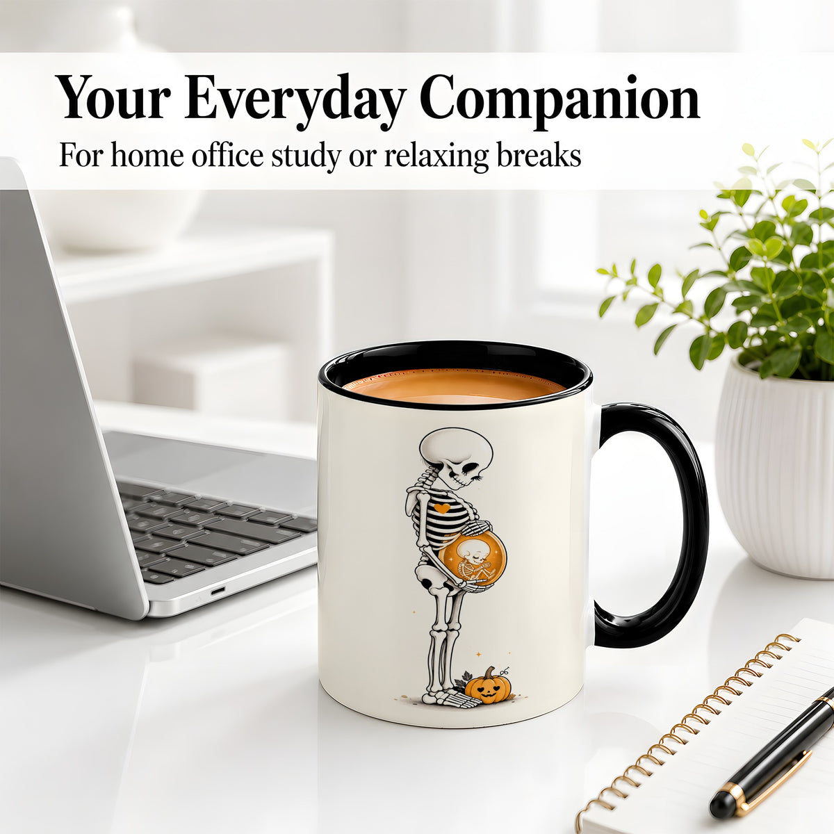 #pl[11oz|Black] Pregnant Skeleton Ceramic Mug, Halloween Art for Expecting Moms