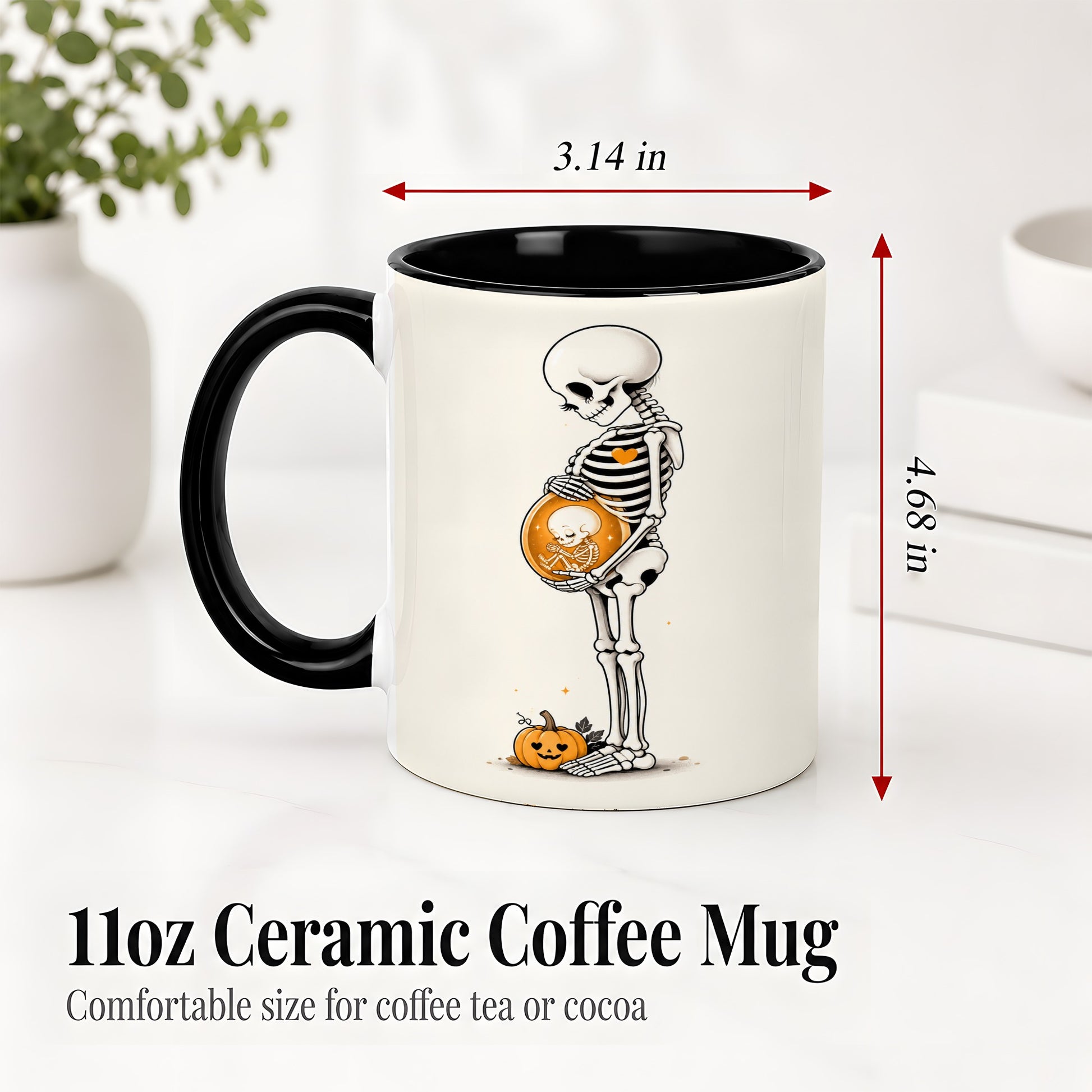 #pl[11oz|Black] Pregnant Skeleton Ceramic Mug, Halloween Art for Expecting Moms