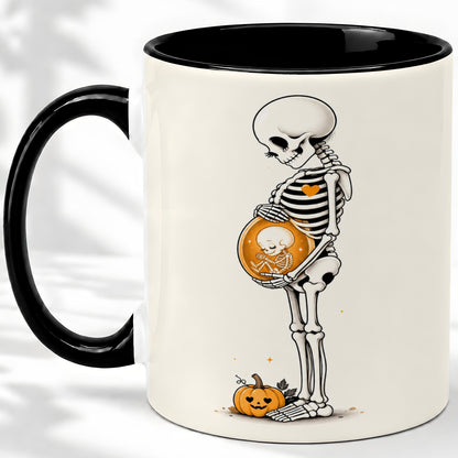 #pl[11oz|Black] Pregnant Skeleton Ceramic Mug, Halloween Art for Expecting Moms