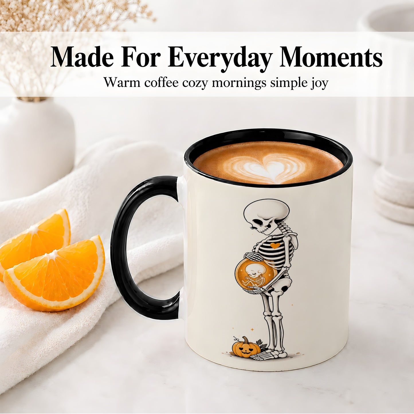 #pl[11oz|Black] Pregnant Skeleton Ceramic Mug, Halloween Art for Expecting Moms