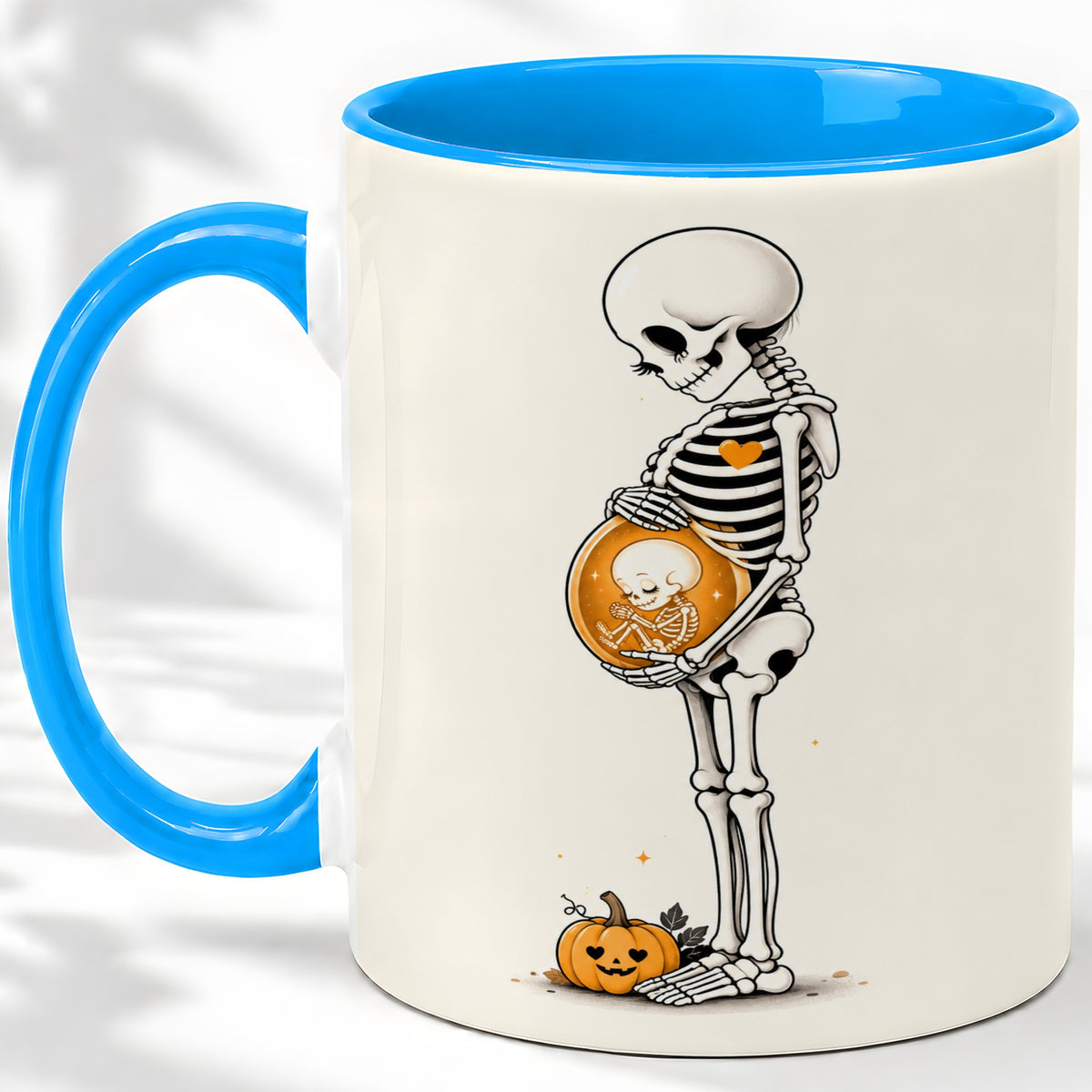 #pl[11oz|Blue] Pregnant Skeleton Ceramic Mug, Halloween Art for Expecting Moms