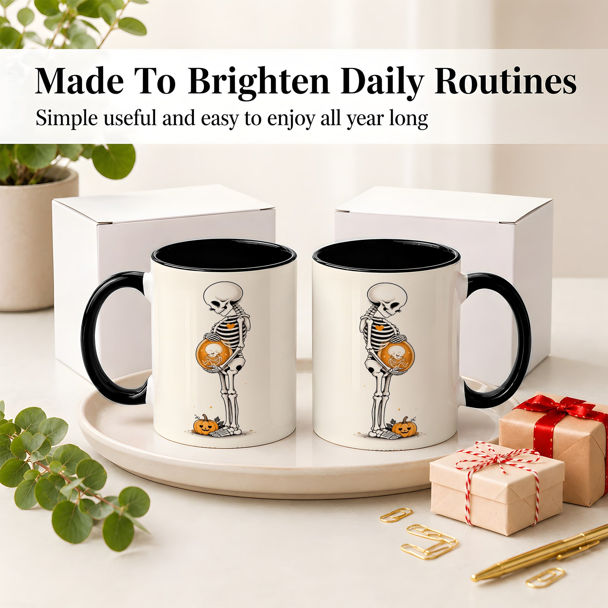 #pl[11oz|Black] Pregnant Skeleton Ceramic Mug, Halloween Art for Expecting Moms
