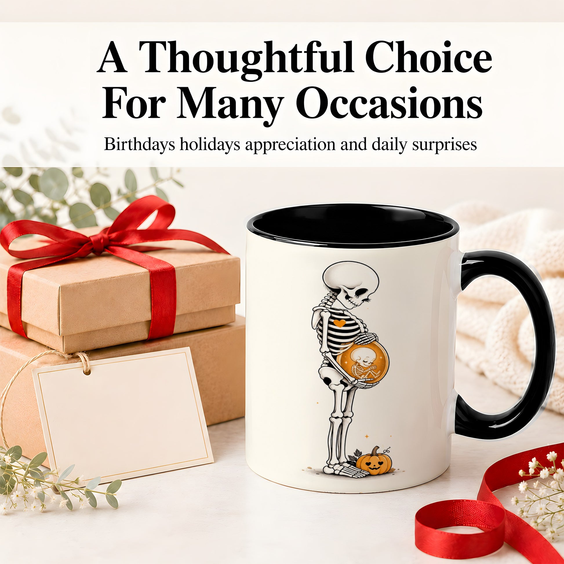 #pl[11oz|Black] Pregnant Skeleton Ceramic Mug, Halloween Art for Expecting Moms