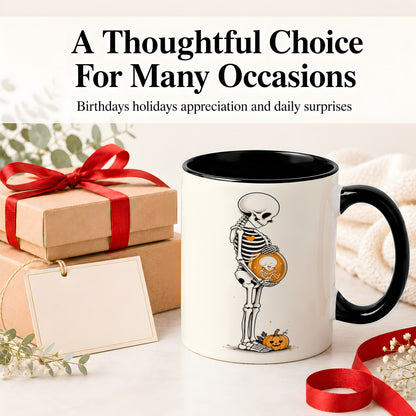 #pl[11oz|Black] Pregnant Skeleton Ceramic Mug, Halloween Art for Expecting Moms