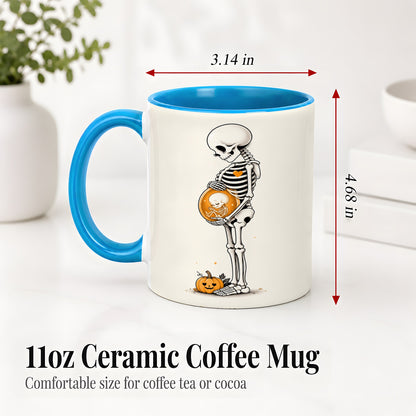 #pl[11oz|Blue] Pregnant Skeleton Ceramic Mug, Halloween Art for Expecting Moms
