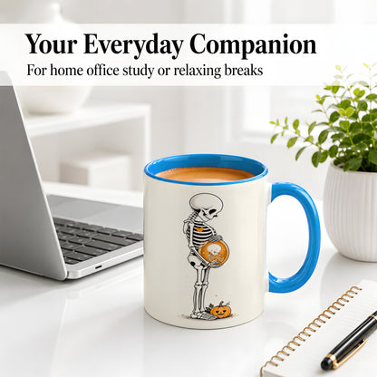 #pl[11oz|Blue] Pregnant Skeleton Ceramic Mug, Halloween Art for Expecting Moms