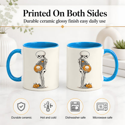 #pl[11oz|Blue] Pregnant Skeleton Ceramic Mug, Halloween Art for Expecting Moms