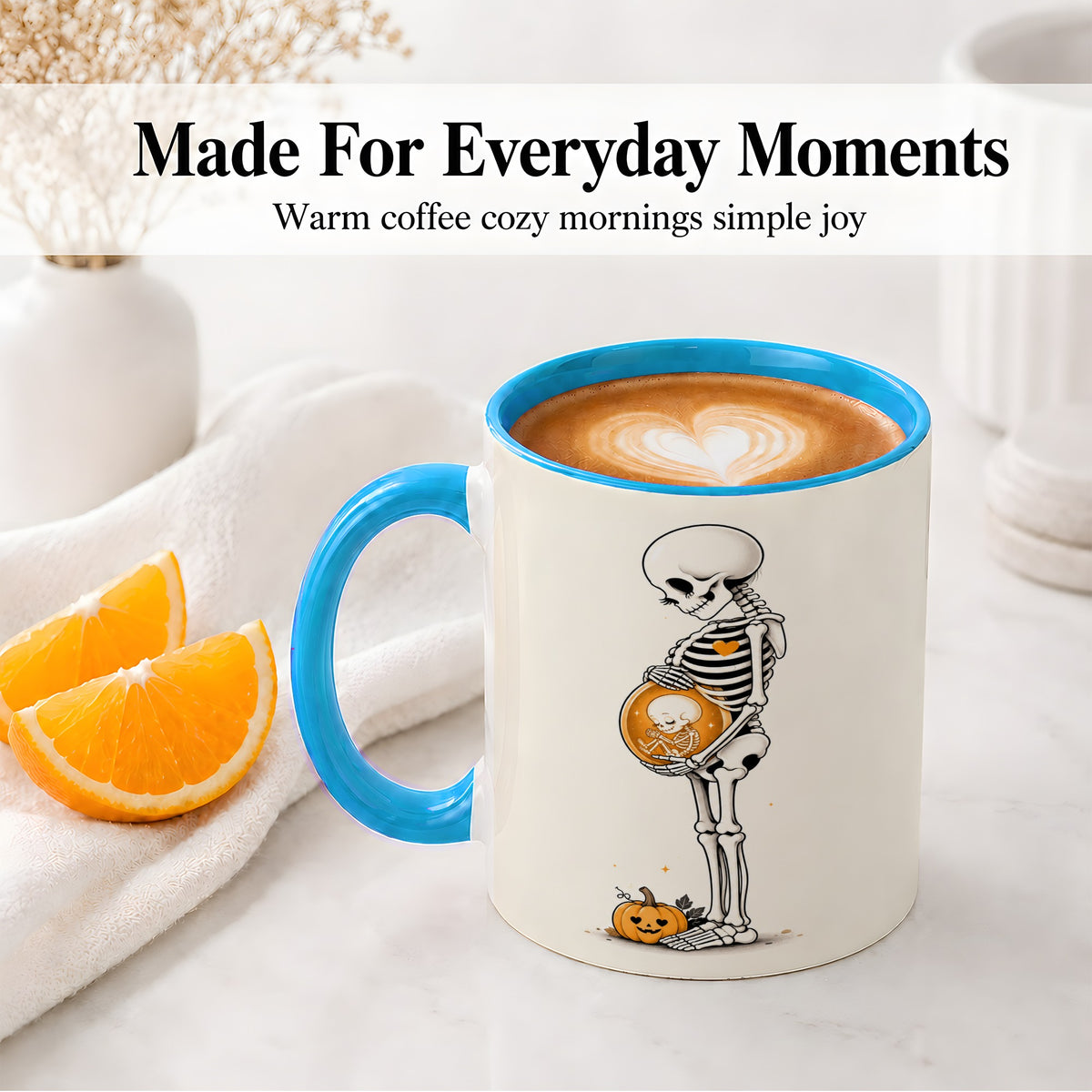 #pl[11oz|Blue] Pregnant Skeleton Ceramic Mug, Halloween Art for Expecting Moms
